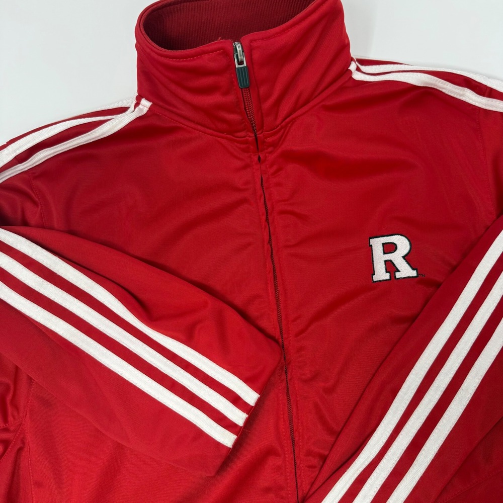 Adidas Rutgers Men's Red Track Jacket Full Zip Athletic Logo White Stripes Large